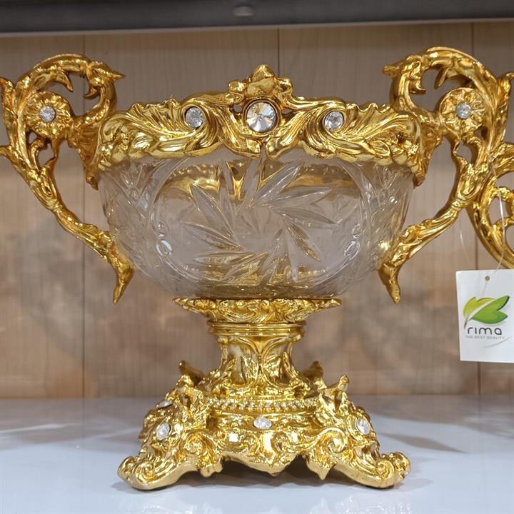 میوه خوری پایه دار  طلایی بلور خارجی با دسته و پایه رزین